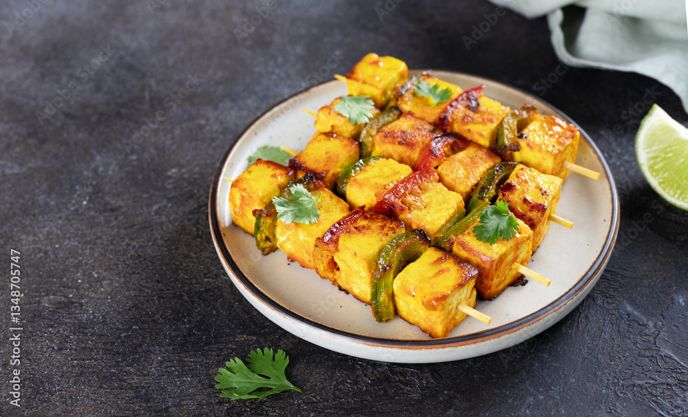 Paneer Tikka - marinated Indian fried paneer cheese with capsicum on dark background. Indian food. 