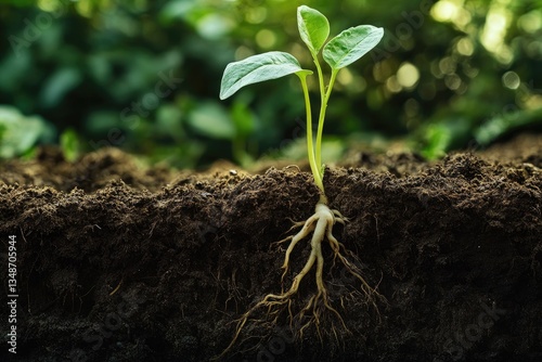 Roots of a plant growing symbiotically with fungi in nutrient dense soil photo