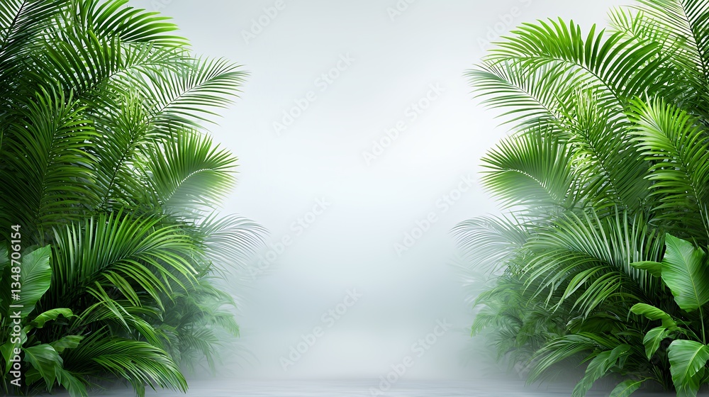 Lush green palm leaves framing a serene misty background. Lush green palm leaves framing a serene misty background.