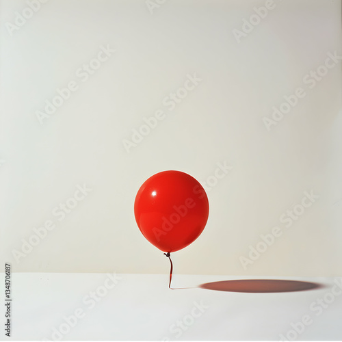 Playful Single Red Balloon Floating Just Above a Clean White Floor with a Soft Shadow