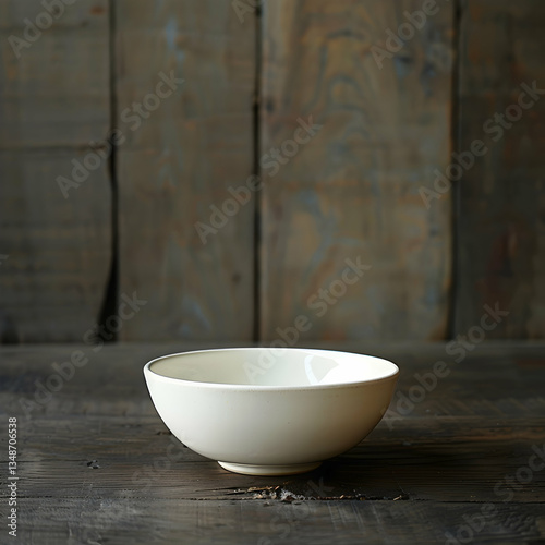 Minimalist White Ceramic Bowl on a Light Grey Surface Against a Rustic Dark Wooden Plank Background