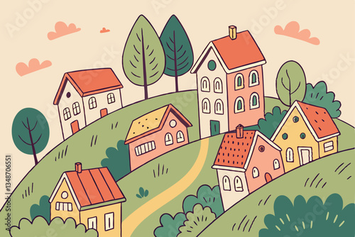 17 Colorful village landscape, densely packed houses, vibrant rooftops, hillside community, whimsical illustration style, cheerful colors, cartoon-like buildings, green trees, urban sprawl, playful ar