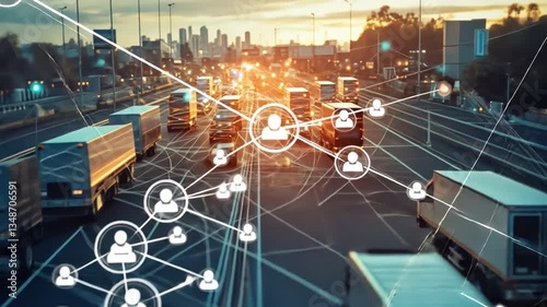 Smart Logistics: Connected trucks navigate a busy highway, showcasing a digital network overlay that symbolizes smart logistics and interconnectedness.
