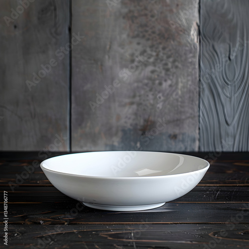 Clean White Ceramic Bowl with a Wide Rim, Resting Against a Rustic Wooden Plank Background