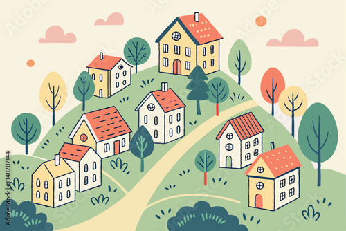17 Colorful village landscape, densely packed houses, vibrant rooftops, hillside community, whimsical illustration style, cheerful colors, cartoon-like buildings, green trees, urban sprawl, playful ar