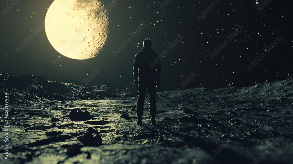 Obraz premium Solitary Figure Under a Gigantic Moon on an Alien Landscape