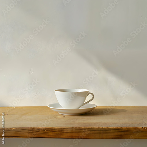 Minimalist Still Life of a Small White Ceramic Creamer or Pitcher on a Warm Wooden Surface