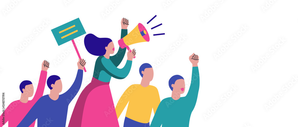 Fototapeta premium A flat-style illustration of a protest scene featuring a woman with a megaphone, and a group of activists holding signs and raising fists, with a copy space. Ideal for websites, articles, posters.