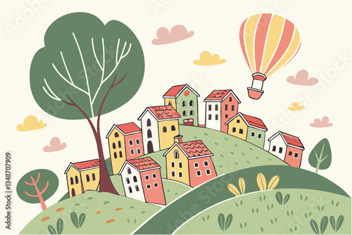 17 Colorful village landscape, densely packed houses, vibrant rooftops, hillside community, whimsical illustration style, cheerful colors, cartoon-like buildings, green trees, urban sprawl, playful ar