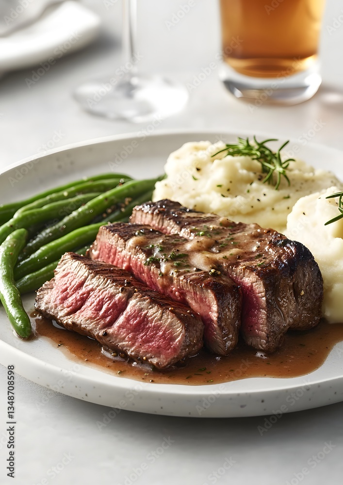 A Delicious Plate of Steak with Sides and a Beverage A Delicious Plate of Steak with Sides and a Beverage