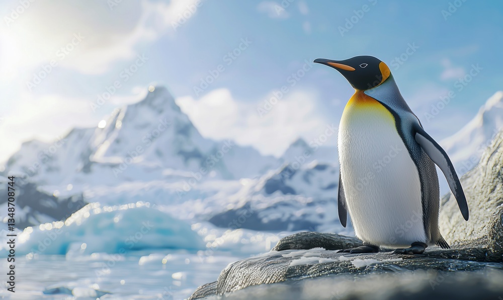 Fototapeta premium Emperor penguin standing on icy rock with Antarctic landscape in background