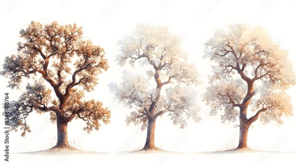Three stylized trees with varying colors and intricate branching patterns Three stylized trees with varying colors and intricate branching patterns