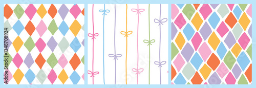 Nursery seamless patterns with rhombuses and bows for wallpaper, wrapping paper, textile prints, scrapbooking, stationery, etc. EPS 10