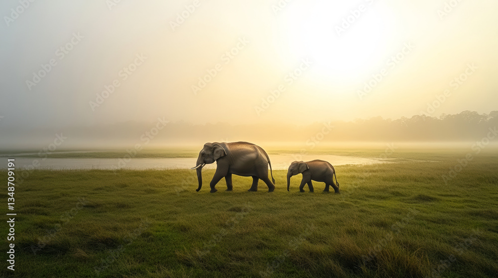 Fototapeta premium Wild elephants in misty tropical forest at dawn, peaceful nature scene with lush greenery, soft morning light, and serene wildlife atmosphere in natural habitat