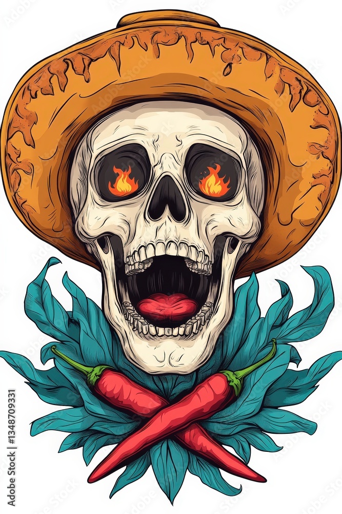 Fototapeta premium Unique T-shirt design featuring a vibrant skull with peppers and leaves, perfect for festive occasions. Cinco de Mayo