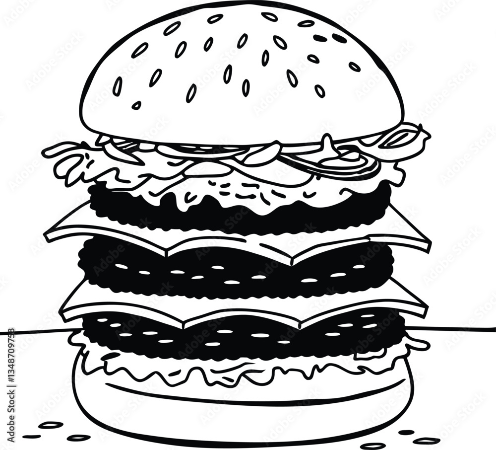 Black and White Illustration of a Detailed Layered Burger Drawing Black and White Illustration of a Detailed Layered Burger Drawing