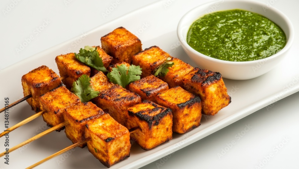 Fototapeta premium Grilled paneer skewers with mint chutney