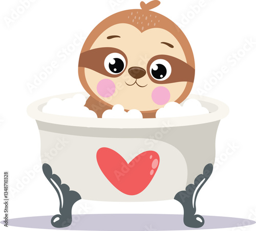 Cute brown sloth in a love bathtub
