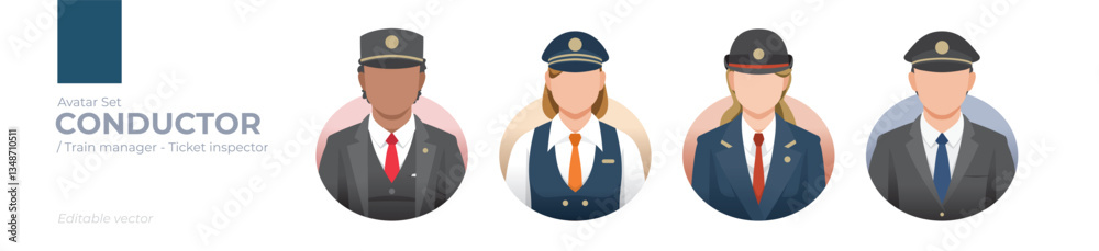 Train Conductors Avatar Set: Editable Illustrations of Diverse Conductors, Managers, and Inspectors in Uniforms for Professional Railway Graphics and Public Transportation-Themed Design Projects Train Conductors Avatar Set: Editable Illustrations of Diverse Conductors, Managers, and Inspectors in Uniforms for Professional Railway Graphics and Public Transportation-Themed Design Projects