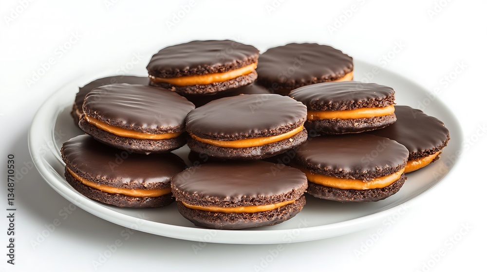 White plate of tasty Jaffa Cakes with on white White plate of tasty Jaffa Cakes with on white