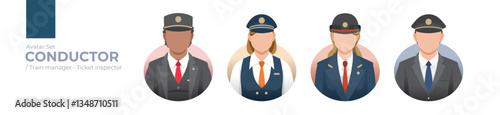 Train Conductors Avatar Set: Editable Illustrations of Diverse Conductors, Managers, and Inspectors in Uniforms for Professional Railway Graphics and Public Transportation-Themed Design Projects