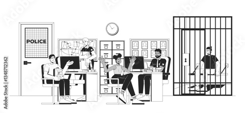 Police station with officers, witnesses and jail cell outline illustration. Arrested suspect, crime victims, cops policemen 2D line characters isolated on white. Monochrome vector ink linear image