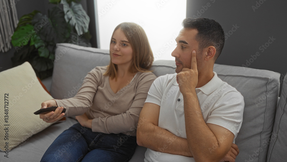 Couple relaxing indoors with woman holding remote and man thinking on modern sofa, suggesting comfort, relaxation, and relationship in a contemporary living room setting. Couple relaxing indoors with woman holding remote and man thinking on modern sofa, suggesting comfort, relaxation, and relationship in a contemporary living room setting.