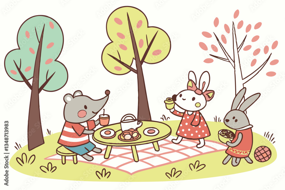 Fototapeta premium 18 Whimsical cartoon characters, anthropomorphic animals, colorful outfits, stylized trees, playful activities, children's book illustration style, naive art, hand-drawn aesthetic, diverse creatures, 