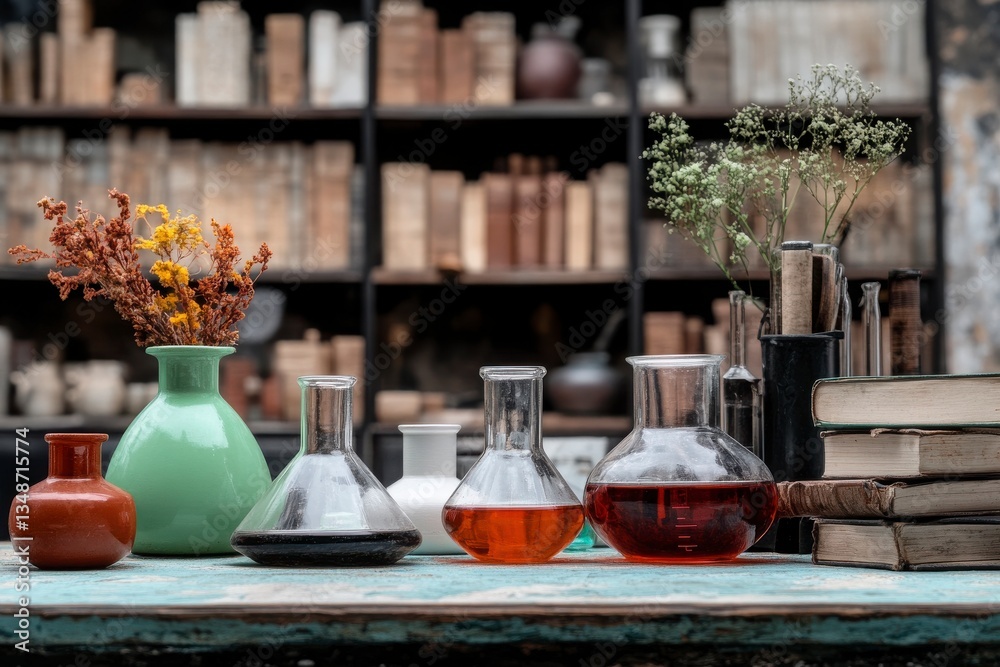 Fototapeta premium Colorful Laboratory Glassware with Plants and Books on a Table