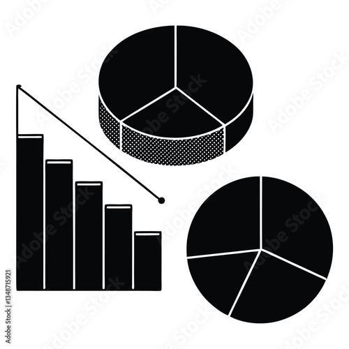 Monochrome data visualization, pie charts and bar graphs, black and white infographic elements, minimalist statistical design, business analytics icons, simple geometric shapes, declining trend line, 