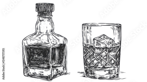 Liquor bottle filled whiskey glass isolated on white background 