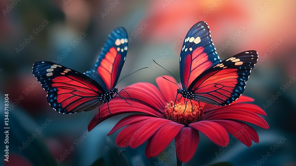 Naklejka premium Two Vibrant Red Butterflies, Their Wings Like Stained Glass, Dancing Gracefully in the Sunlight Amidst Nature’s Beauty