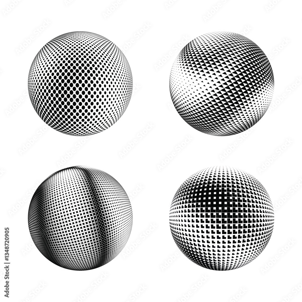 Halftone sphere trio: abstract halftone spheres – geometric dotted 3d optical illustration. Halftone sphere trio: abstract halftone spheres – geometric dotted 3d optical illustration.
