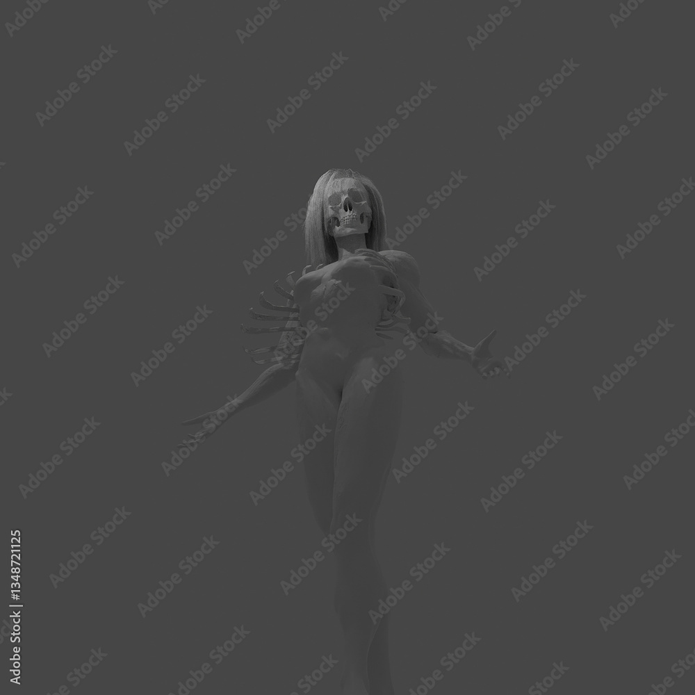 A female character, a mystical skeleton with a body, stands with her arms outstretched epically, a monotonous image in gray tones, simple chiaroscuro. 3d rendering