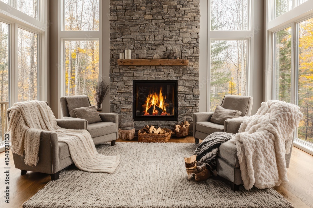 Fototapeta premium A cozy living room featuring a large stone fireplace as the focal point, surrounded by comfortable armchairs, soft blankets, and