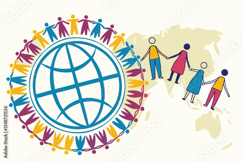 20 Colorful illustration, diverse group of people, holding hands, circular formation, global unity, watercolor texture, blue globe, stylized human figures, multicolored outfits, simplified shapes, min