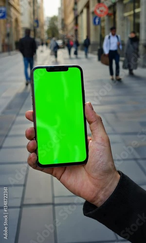 Wallpaper Mural Person Walking Hand Holding a Smartphone with a Green Chroma Screen in a Bustling Urban Environment, Ideal for Professional Mockups, Branding, and Digital Compositing, Vertical Torontodigital.ca