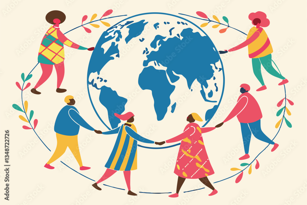 20 Colorful illustration, diverse group of people, holding hands, circular formation, global unity, watercolor texture, blue globe, stylized human figures, multicolored outfits, simplified shapes, min 20 Colorful illustration, diverse group of people, holding hands, circular formation, global unity, watercolor texture, blue globe, stylized human figures, multicolored outfits, simplified shapes, min
