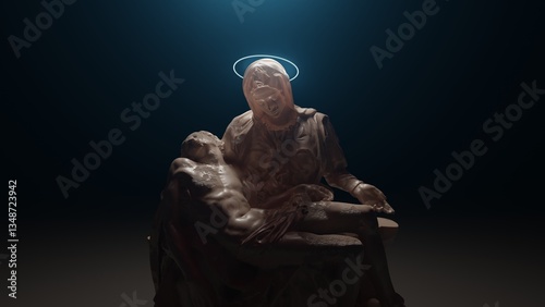 A modern reinterpretation of Michelangelo Pieta, blending 3D graphics and neon lighting. The Virgin Mary cradles Jesus, her halo glowing with vibrant neon hues, symbolizing holiness amidst sorrow