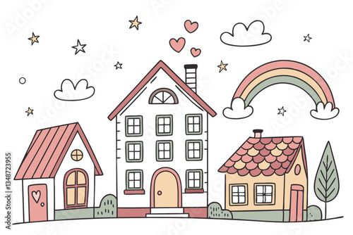 Canvas Print 21 Colorful cartoon houses, simple architectural illustrations, diverse building