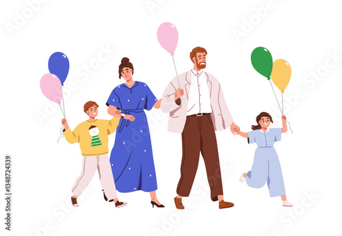 Happy family walking with festive balloons. Parents and children together, smiling, celebrating holiday outdoors. Mom, dad, son and daughter. Flat vector illustration isolated on white background