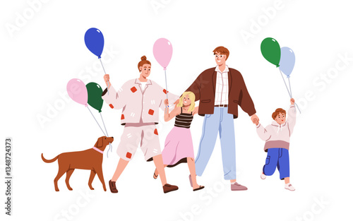 Happy family walking together, holding balloons. Smiling parents, children and cute dog pet on holiday. Mom, dad, animal with festive baloons. Flat vector illustration isolated on white background