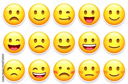 Large set of stickers with Emoji yellow faces. Emoji is a pictogram or smiley embedded in text and used in electronic messages and web page 