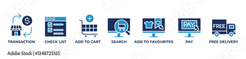 Seamless Shopping Icons set vector illustration with TRANSACTION, CHECK LIST, ADD TO CART, SEARCH, ADD TO FAVOURITES, PAY, FREE DELIVERY
