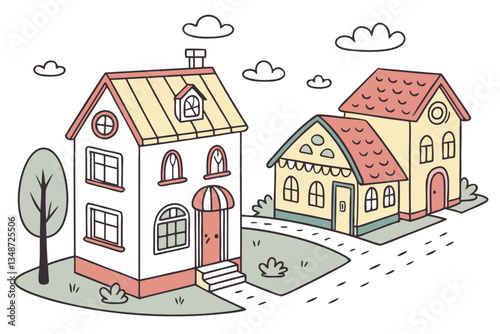21 Colorful cartoon houses, simple architectural illustrations, diverse building styles, flat design, white background, cute neighborhood, miniature town, varied rooflines, playful color palette, whim