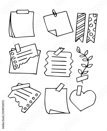 Memo sticky notes, sheet reminder, color office or school pages with tape, marks, pin, paperclip frames doodle style.