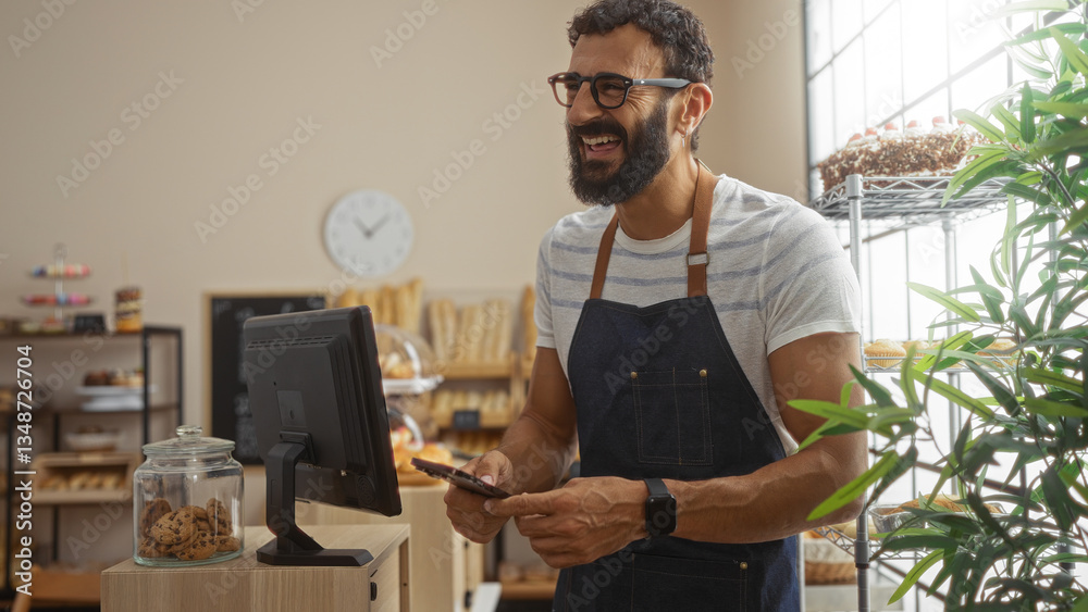 Smiling young hispanic man with beard using mobile phone in bakery shop, surrounded by breads and pastries, wearing apron indoors, showcasing vibrant atmosphere of store interior.