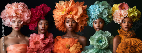 five flowers and five ethnically dressed fashionable women 