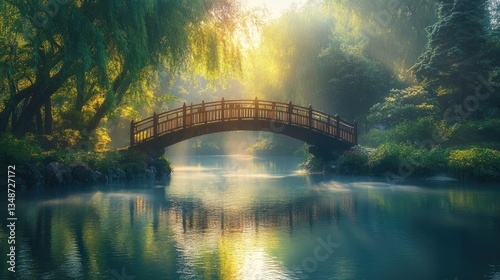 Tranquil morning light illuminating a picturesque footbridge over a serene pond surrounded by lush greenery