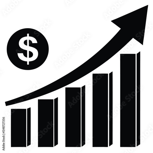  icon, dollar sign, upward arrow, bar graph, financial growth, minimalist design, economic indicators, profit increase, market trends, vector illustration, business concept, monochrome,